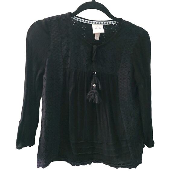 Knox Rose Womens Sz XS Black Long Sleeve Blouse Eyelet Detail Tie Front - Picture 1 of 6